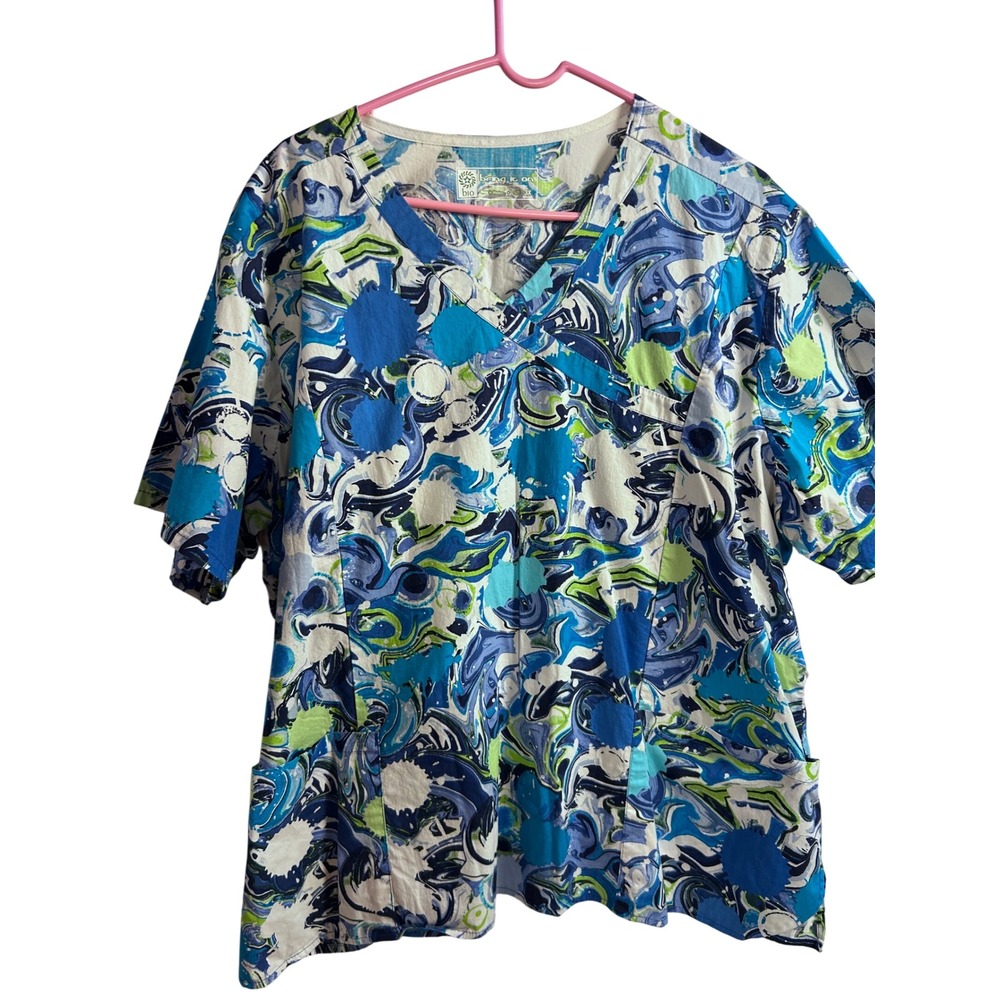 Bring It On BIO Scrub Top 3X Blue Green Swirl Marble Paint Splatter Women
